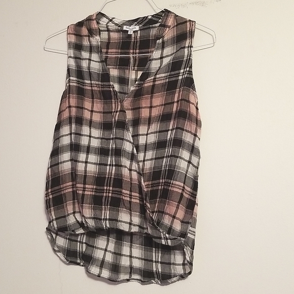 Splendid Plaid Surplice Top Cotton Gauze Style Crinkle Black White Pink Wrap - Picture 3 of 9